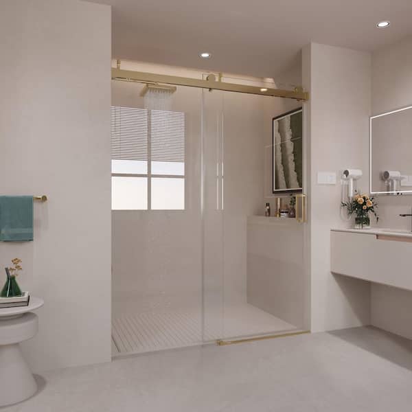 Reversible 56-60 in. W x 76 in. H Frameless Sliding Shower Door in Brushed Gold with Tempered Clear Glass, Soft-Close