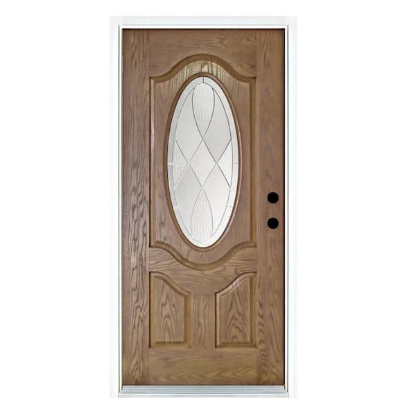 MP Doors 36 in. x 80 in. Medium Oak Left-Hand Inswing 3/4 Oval Decorative Lite Zen Stained Fiberglass Prehung Front Door
