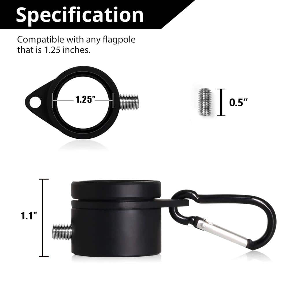 Black Aluminum 1.26 Inch Flagpole Mounting Rings Set with Carabiners