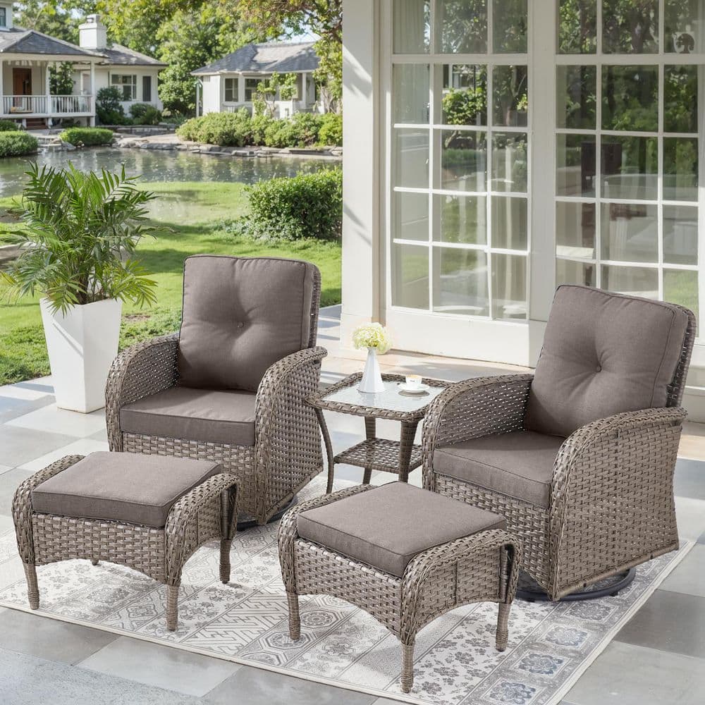 Rotavia 5-Piece Gray Wicker Patio Conversation Set with Swivel Rocking Chairs, Ottomans, Side Table and Beige Cushions price history on PriceWatchPro