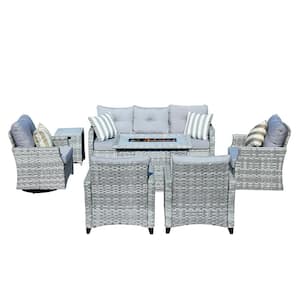 Fay 7-Piece Wicker Patio Fire Pit Set with Gray Cushions and Swivel Chairs