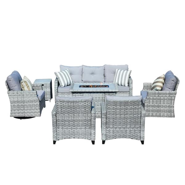 DIRECT WICKER Fay 7-Piece Wicker Patio Fire Pit Set with Gray Cushions and Swivel Chairs