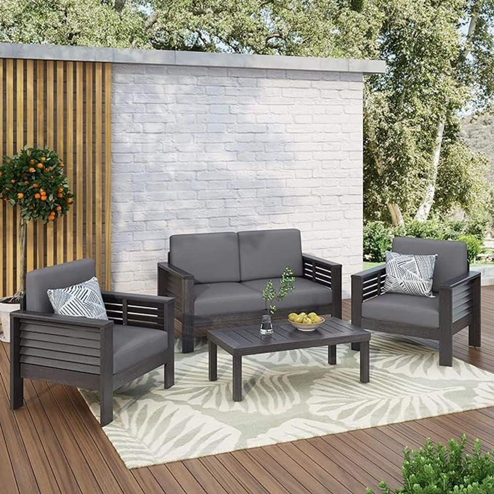 4-Pieces Wood Patio Conversation Set, Outdoor Loveseat and Coffee Table Set