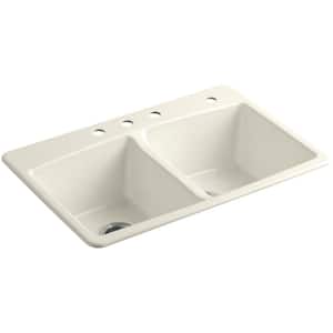 Brookfield Drop-In Cast-Iron 33 in. 4-Hole Double Bowl Kitchen Sink in Biscuit