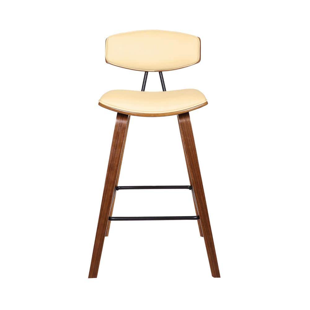 Contemporary Cream Faux Leather & Walnut Wood Counter Stool