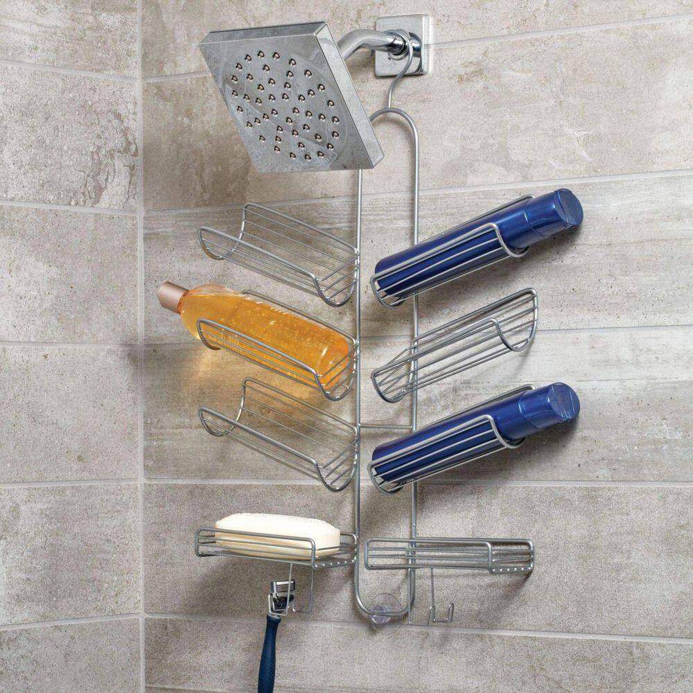 Silver Steel Hanging Shower Caddy with Suction Mount