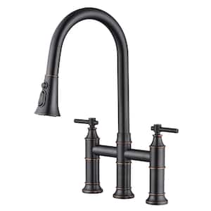 Traditional Double Handle Bridge Kitchen Faucet with Pull out Spray Wand in Oil Rubbed Bronze