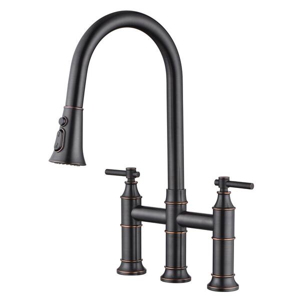 SUMERAIN Traditional Double Handle Bridge Kitchen Faucet with Pull out Spray Wand in Oil Rubbed Bronze