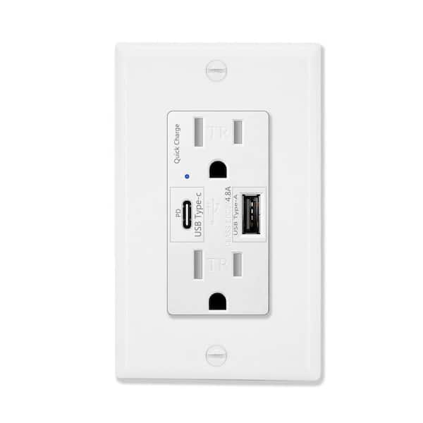 2-Outlet Power Socket with Type C USB Quick Charger 15A Type A Tamper Resistant Compatible with Apple Samsung Xiaomi