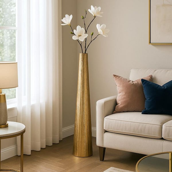 Liv & Skye 58 in. Gold Metal Ribbed Textured Finish Decorative Vase