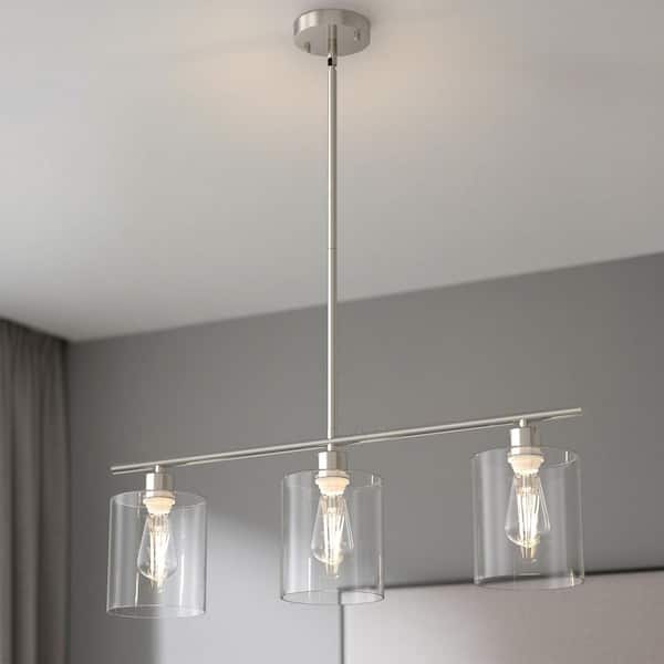 3 Light Brushed Nickel Kitchen Island Pendant Light with Clear Cylinder Glass Shade for Dining Room, No Bulbs Included