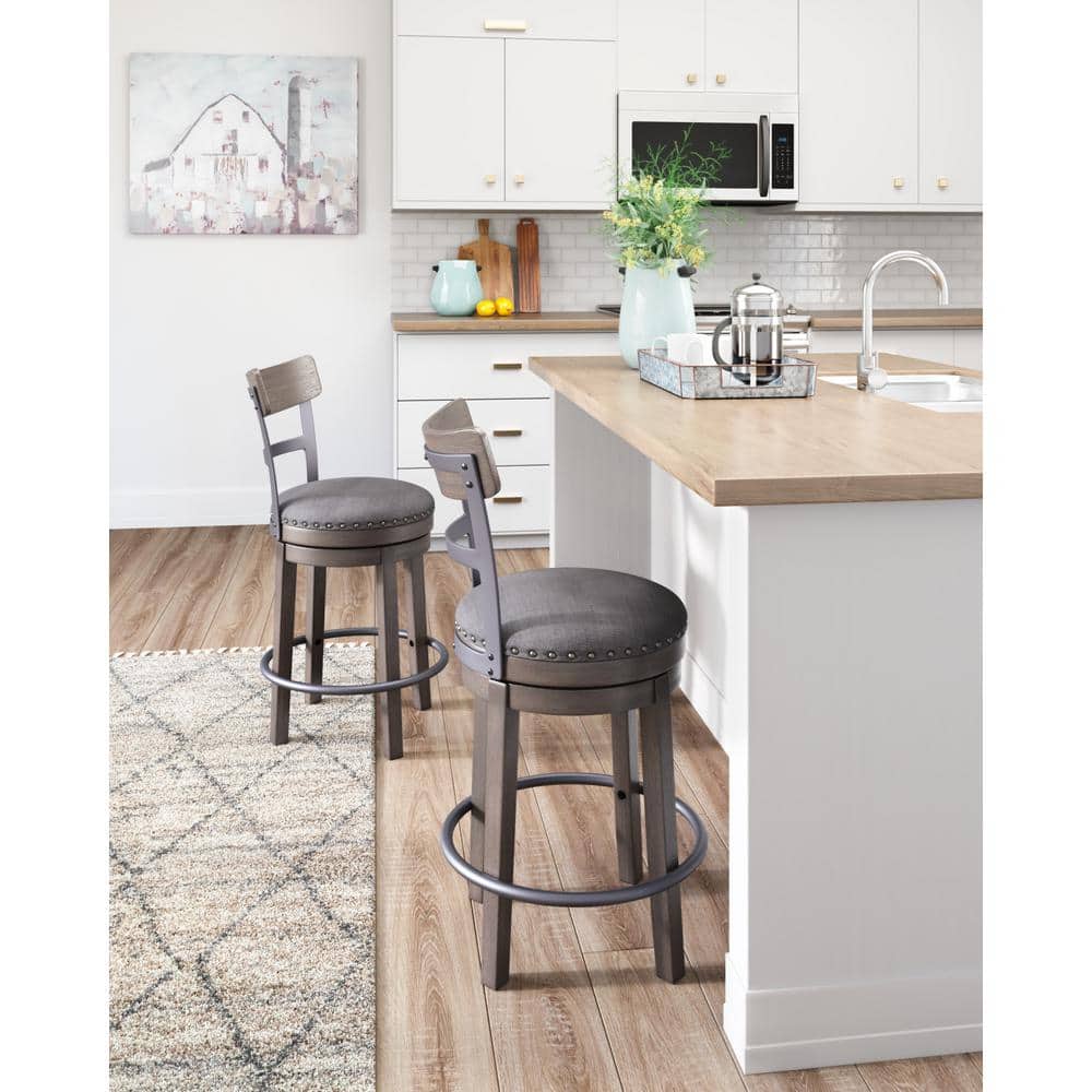 Gray Medium Wood and Metal Swivel Bar Stool with Nailhead Trim