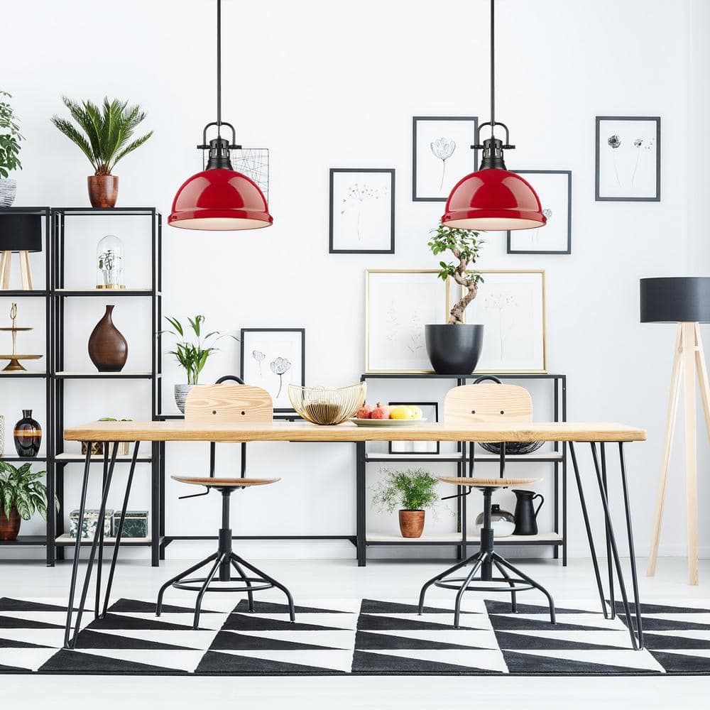 Transitional Matte Black and Cherry Red Glass Bowl Pendant Light