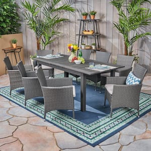 Nadia Grey 9-Piece Wood and Faux Rattan Outdoor Patio Dining Set with Silver Cushions