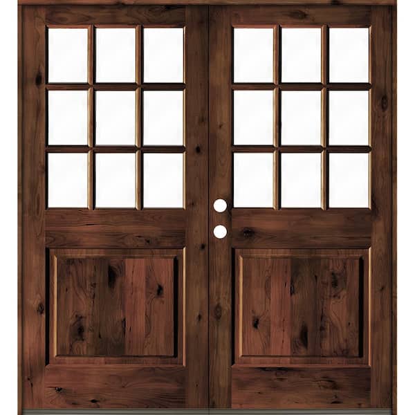 Krosswood Doors 72 in. x 80 in. Craftsman Knotty Alder Wood Clear 9-Lite Red Mahogony Stain Left Active Double Prehung Front Door