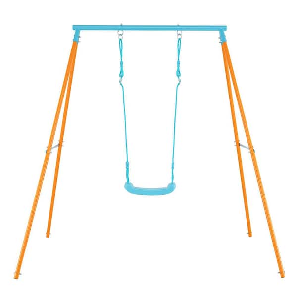 Toddler Swing Heavy Duty Metal Swing Set w/ A Frame Adjustable Ropes Blue and Orange