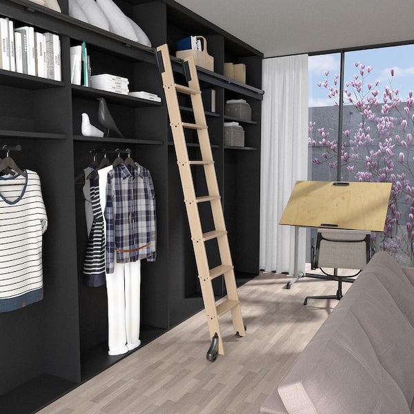 92 in. Clear Pre-Finished Maple Library Ladder (104 in. Reach) Black Top Hook Ladder Kit with 12 ft. Rail