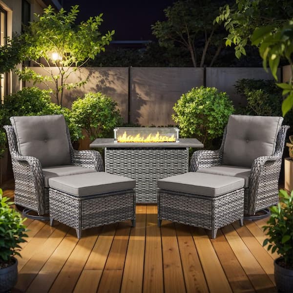 Arcline 5-Piece Gray Wicker Fire Pit Conversation Set with Olefin Gray Cushions and Swivel Gliders and Ottoman