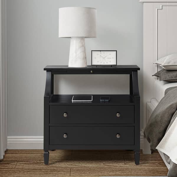 JAYDEN CREATION Jacqueline Black 2-Drawer Nightstand with Built-In Outlets