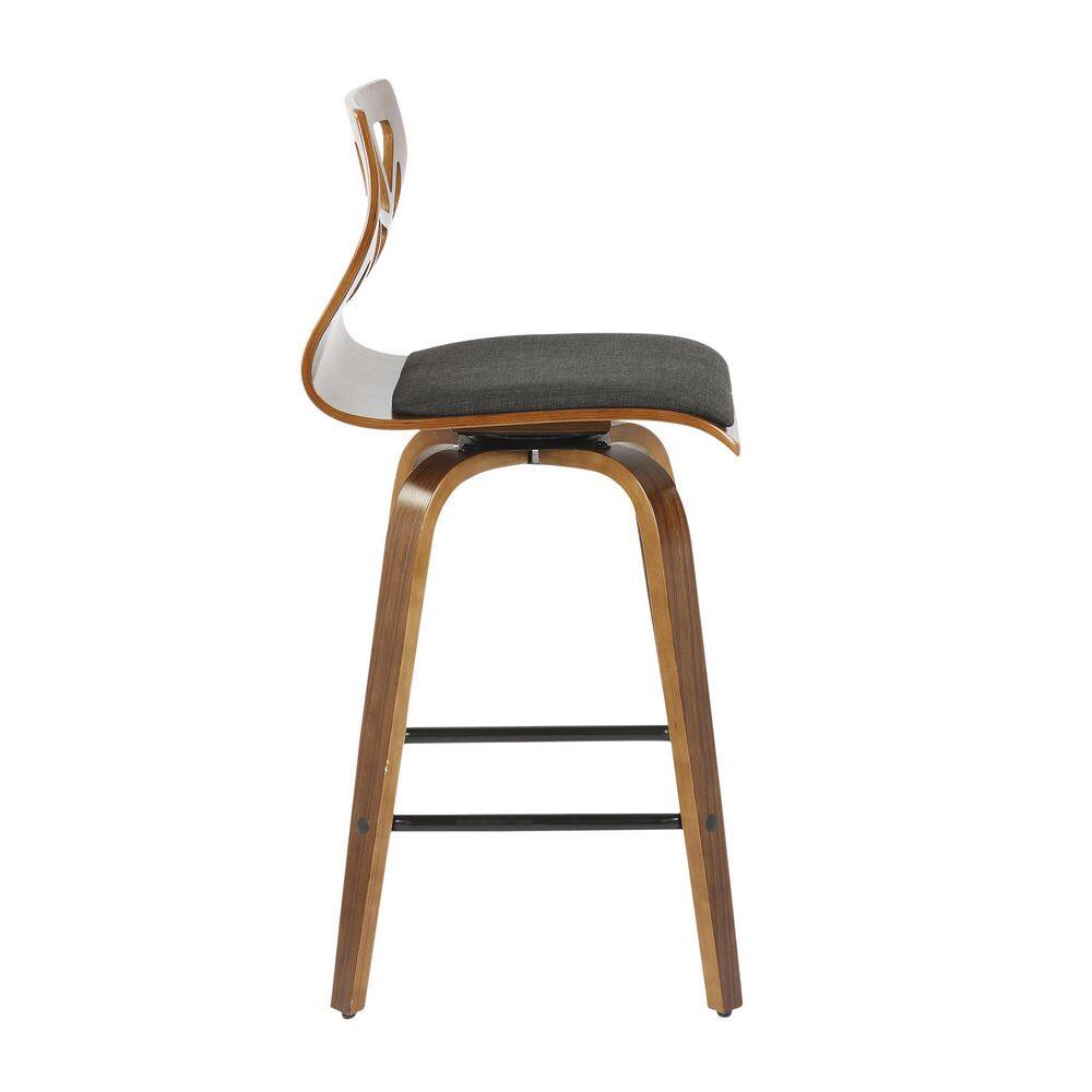 Set of 2 Charcoal Upholstered Folia Mid-Century Modern Walnut Barstools