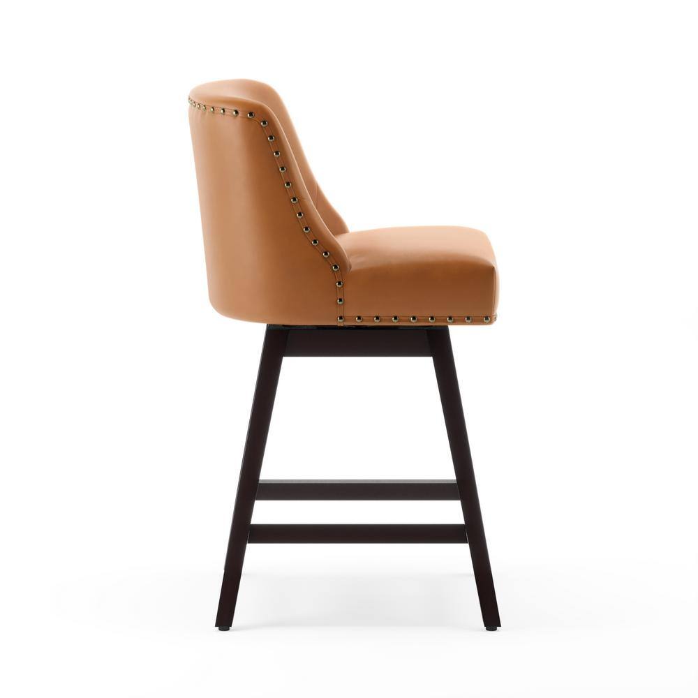 26'' Yellowish-Brown Swivel Counter Stools with Faux Leather and Wood Legs, Set of 6