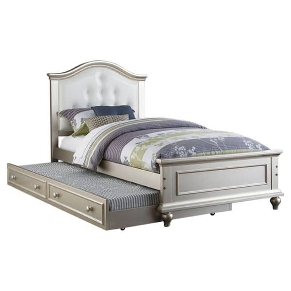 Benjara Silver and White Twin Size Bed with Trundle