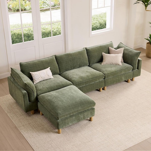 Wesley 126.8 in. 4-Piece Fabric Modern Modular Rectangle Sofa in Green with Straight Arms and Ottoman for Living Room