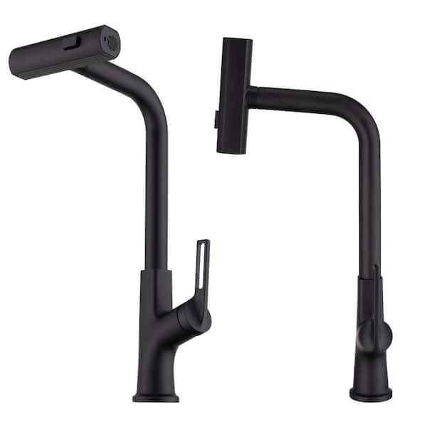 17.72 in. Single Handle 360 Degree Spout Swivel Pull Down Kitchen Faucet in Matte Black with Temperature Display