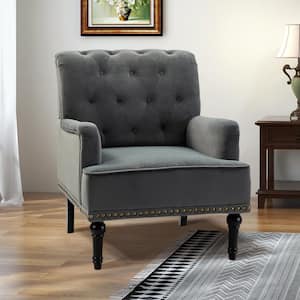 Enrica Grey Tufted Comfy Velvet Armchair with Nailhead Trim and Rubberwood Legs
