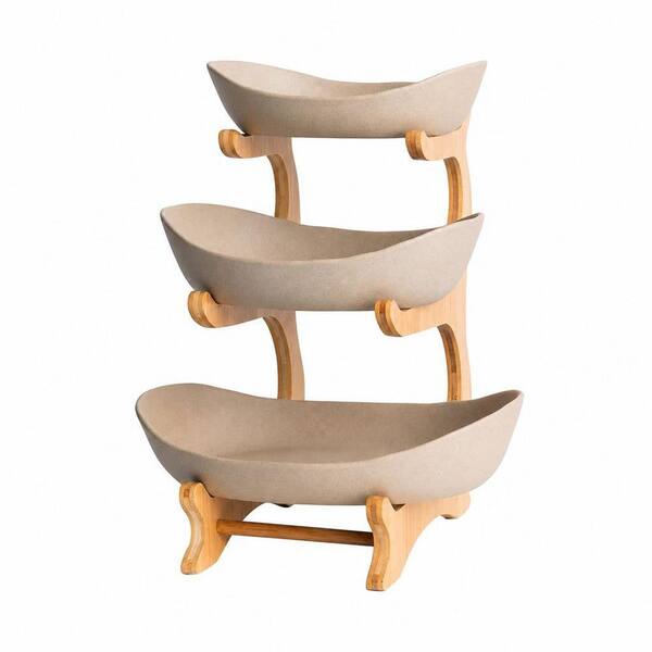 1 Piece 3-Tier Bamboo Stand Porcelain Fruit Bowls Set for Kitchen Counter, Party and Wedding
