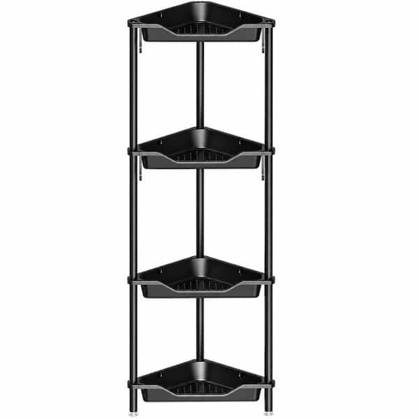4 Tier Black Standing Corner Shower Caddy Rustproof Plastic Aluminum Bathroom Storage Shelf Rack Organizer