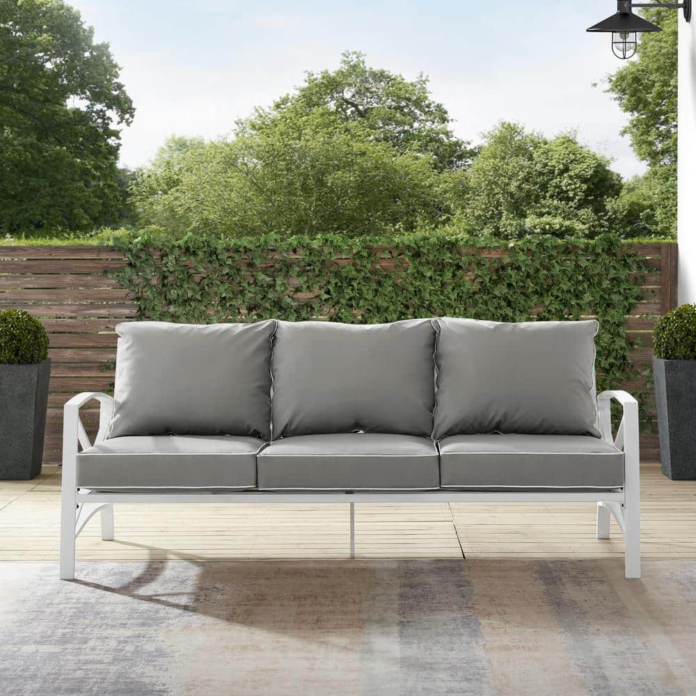 Gray Cushioned White Metal Outdoor Sofa with Three Seats