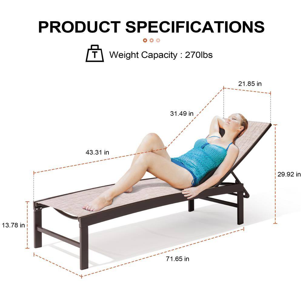 Off-White Textilene Fabric Brown Aluminum Adjustable Chaise Lounge