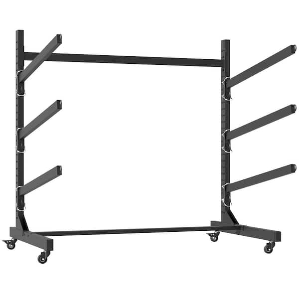 Black 41 in. H Heavy-Duty Steel Adjustable Height Freestanding Storage Rack with Lockable Wheels, Holds 3 Kayaks