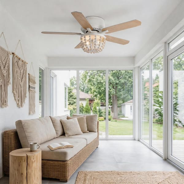 48 in. Indoor Farmhouse White Flush Mount Wood Bead Ceiling Fan with Light Kits and Remote