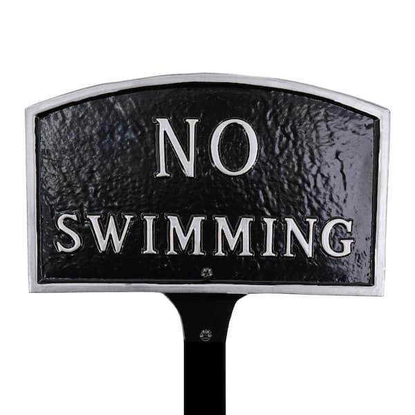 Montague Metal Products 5.5 in. x 9 in. Small Arch No Swimming Statement Plaque Sign with Lawn Stake - Black/Silver