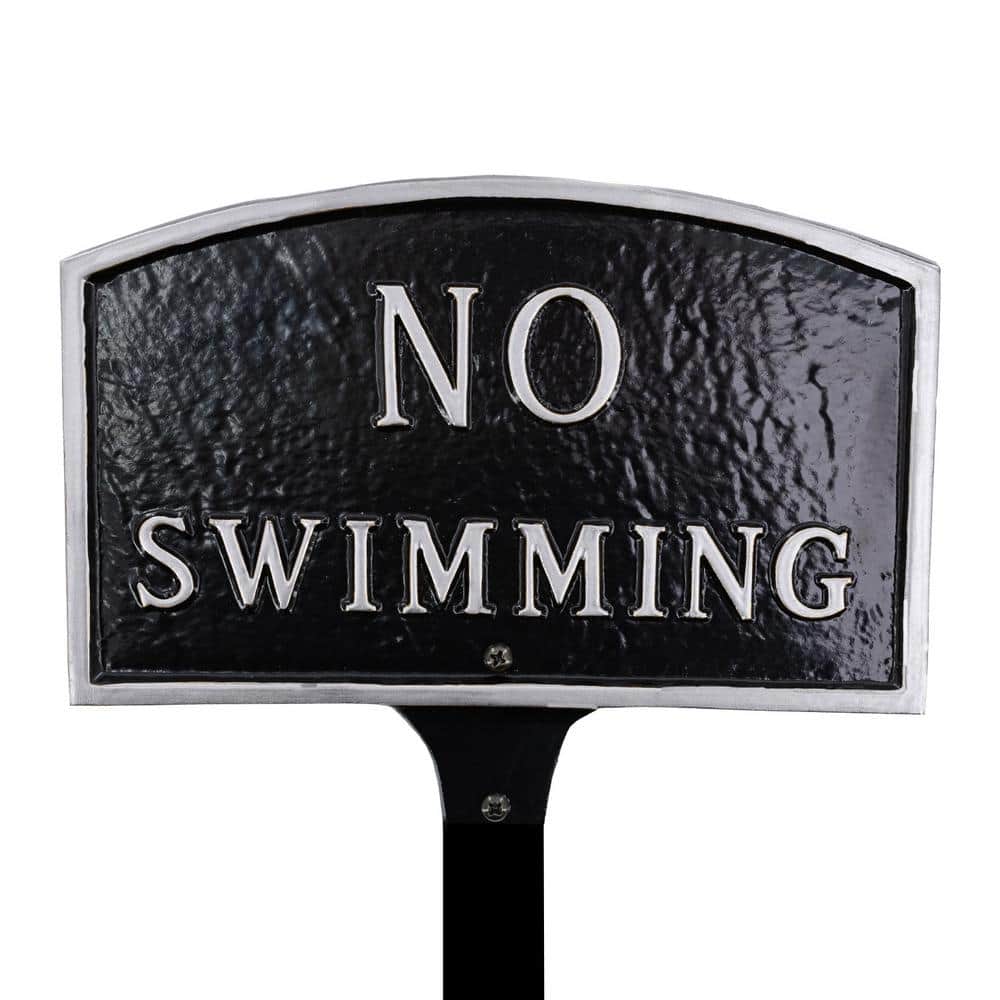 5.5 in. x 9 in. Small Arch No Swimming Statement Plaque Sign with Lawn Stake - Black/Silver product image for price tracking