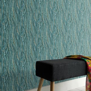 ELLE Decoration Collection Teal/Gold Marble Effect Vinyl on Non Woven Non Pasted Wallpaper Roll (Covers 57 sq. ft.)