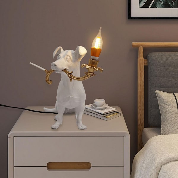 16.53 in. White Modern Creative Decorative Plug-In Puppy Dog Table Lamp for Living Room Bedside, No Bulbs Included