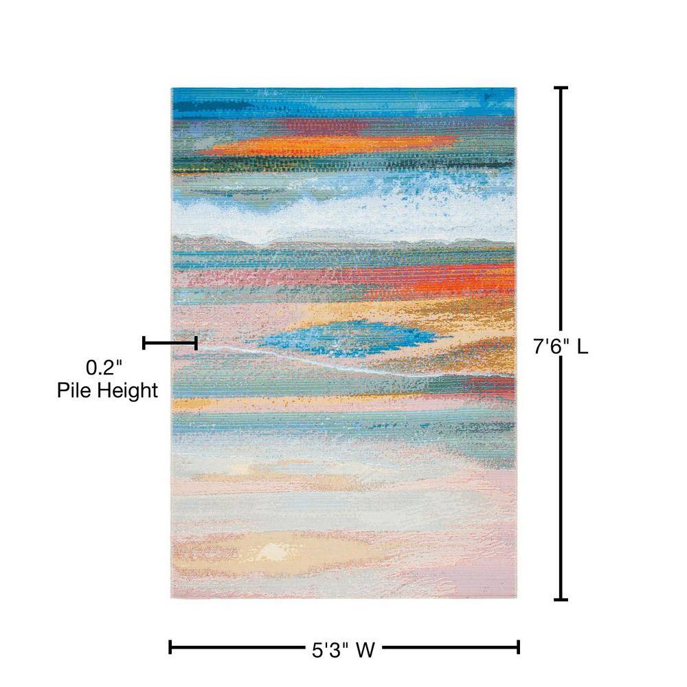 Light Blue and Pink Synthetic Coastal Area Rug