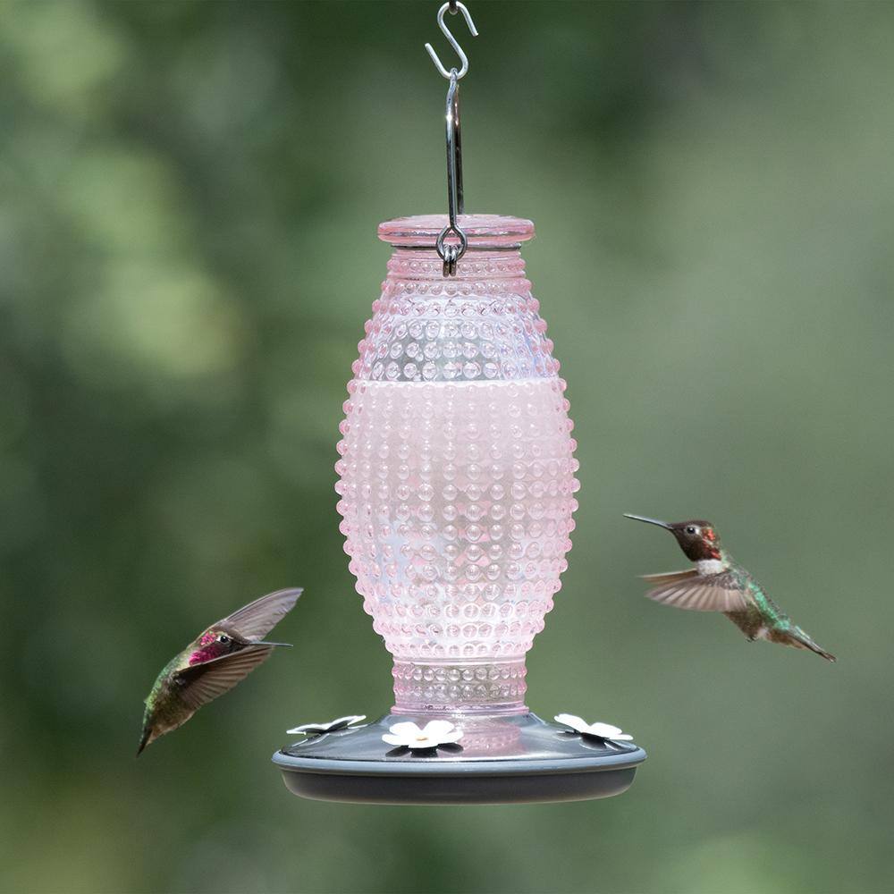 Cranberry Hobnail Glass and Metal Hummingbird Feeder