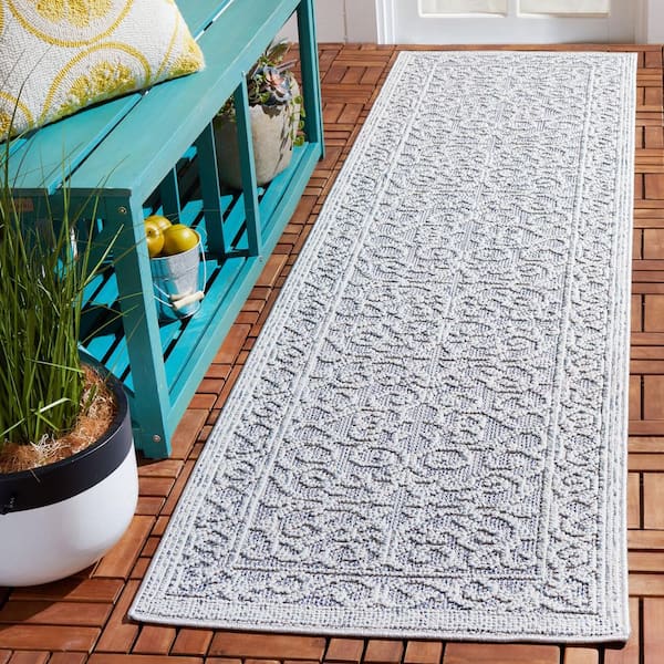 Global Blue/Gray 2 ft. x 8 ft. Ornate Border Solid Indoor/Outdoor Runner Rug
