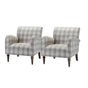Mandan Grey Contemporary and Classic Upholstered Plaid Pattern Accent Armchair with Turned Solid Wood Legs Set of 2