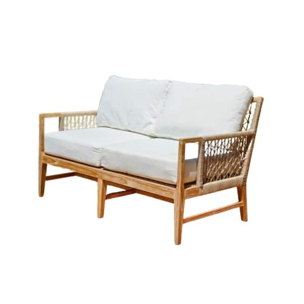 POSH POLLEN Nizuc Teak Outdoor Loveseat Sofa with White Cushions