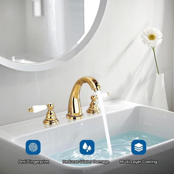 Double Handles 8 in. Widespread Bathroom Faucet 3-Hole Sink Faucet with Pop-Up Drain in Polished Gold