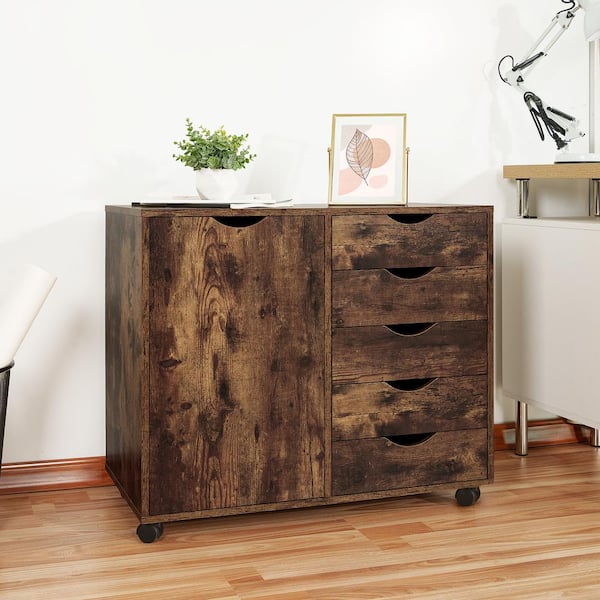 HOMESTOCK Rustic Brown, 5-Drawer Wood Dresser Storage Cabinet with Shelves, Wheels, Craft Storage, Makeup-Drawer File Cabinet,