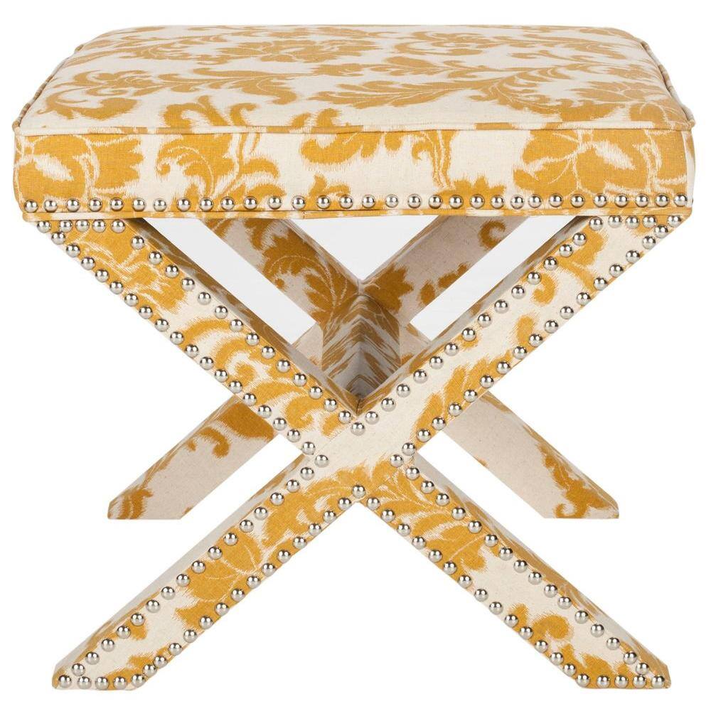 Maize and Beige Damask Pattern Upholstered Ottoman with Silver Nailhead Trim
