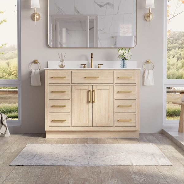 48 in. Single Sink Freestanding Solid Wood Bath Vanity in OAK with White Quartz Top, Soft-Close, Full Assembled