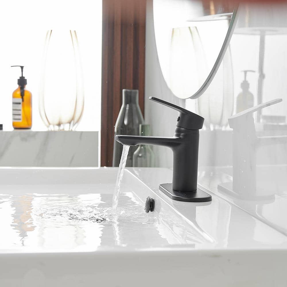Matte Black Single-Handle Low-Arc Bathroom Faucet with Drain