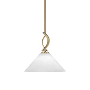 Olympia 1-Light Stem Hung New Age Brass, Mini Pendant-Light with White Marbleized Glass Shade, No Bulb Included